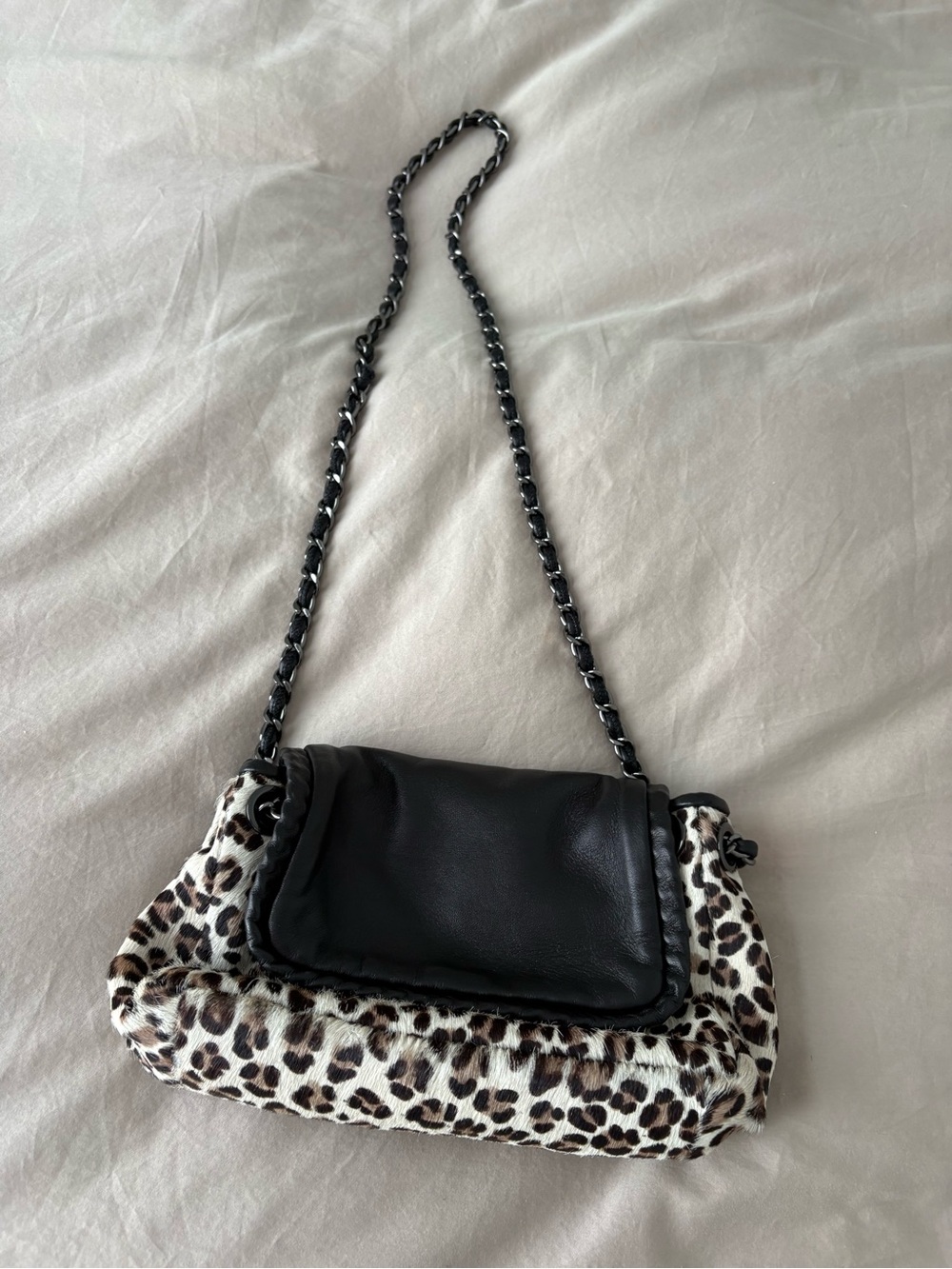 Ellie Tahari black Leather & Leopard Print Chain Shoulder Bag - long or short